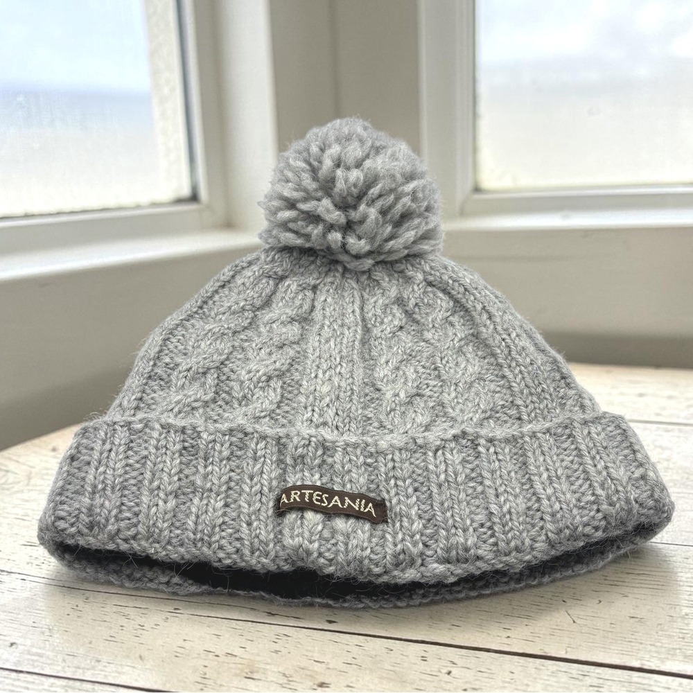 Alpaca Wool Beanie Artesania Gray Cable Knit Pom Pom Hat Fleece Lined Ski